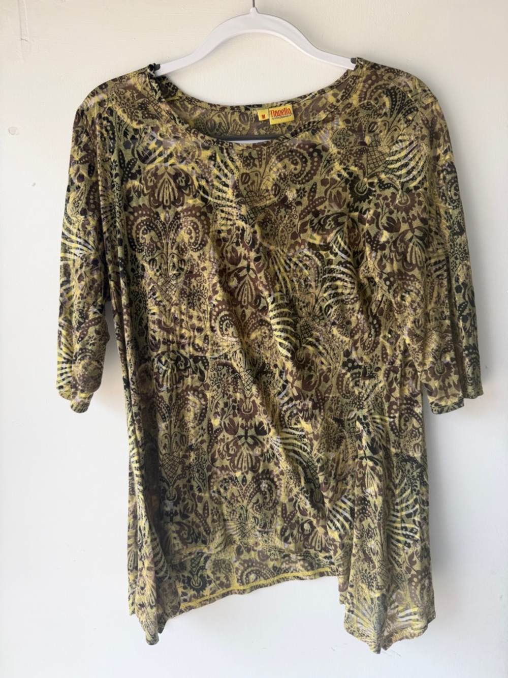 Tianello Olive Green and Brown Patterned Short Sleeve Top